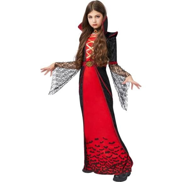 Red Royal Vampire Costume for Girls Deluxe Set Halloween Gothic Victorian Dress - Picture 4 of 7